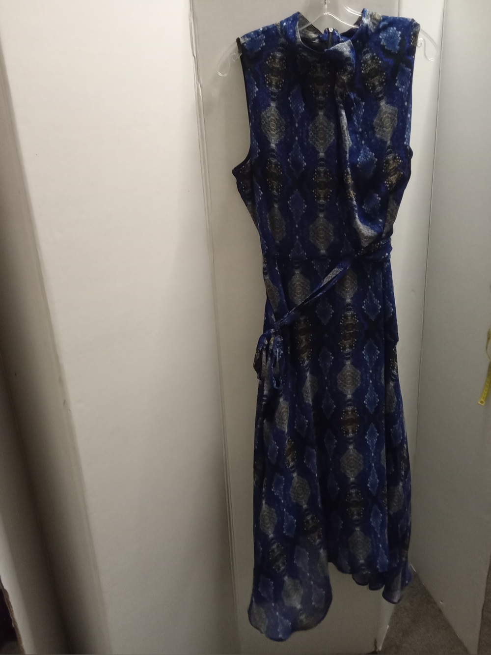 Calvin Klein Blue Print Sleeveless High Neck Tie Waist Midi Dress Size 14 C7